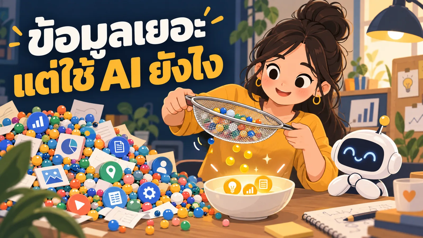 ภาพการ์ตูนประกอบบทความ Data และ AI ในการตลาด: ข้อมูลเยอะ แต่ใช้ AI ยังไง