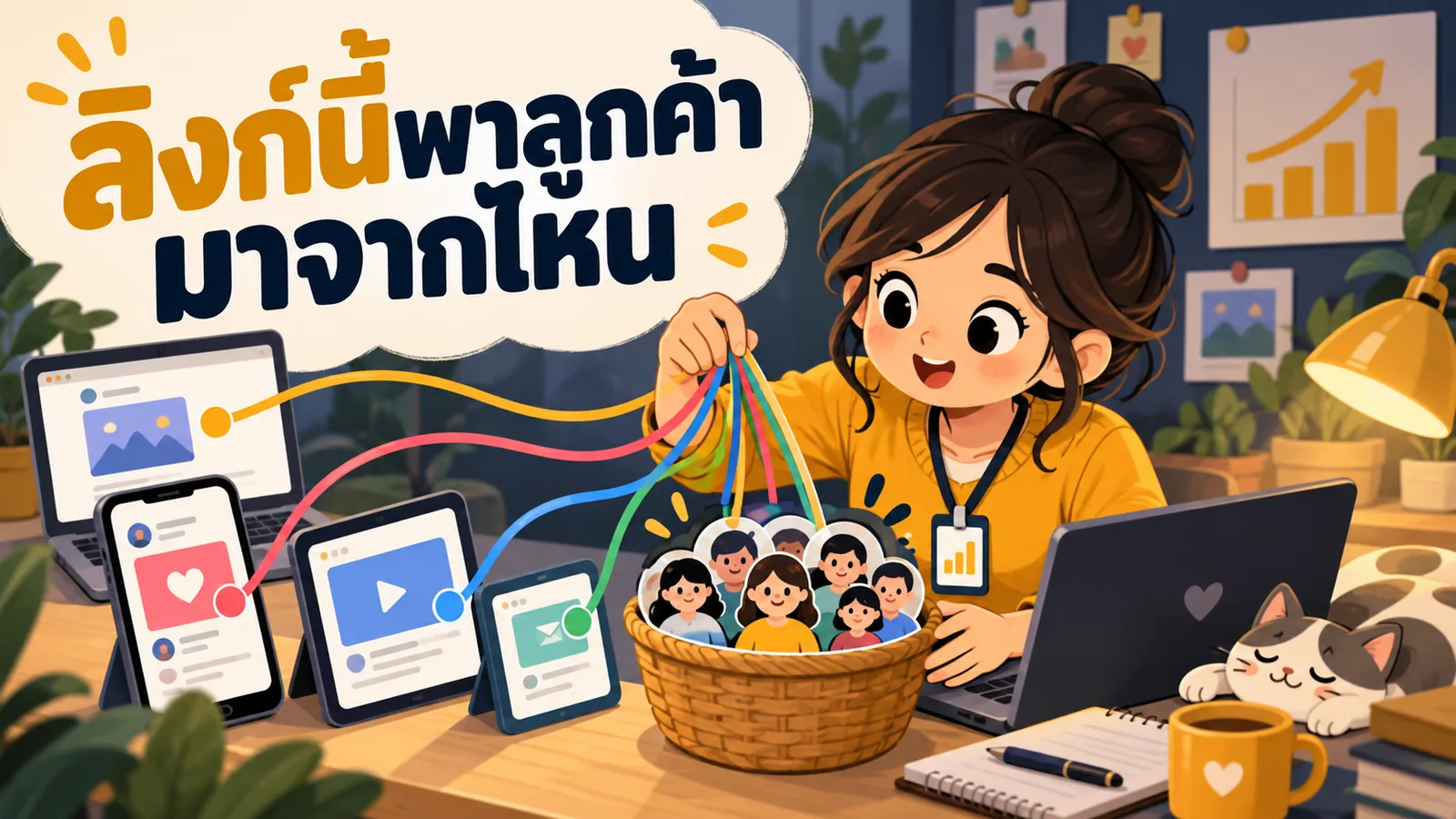 ภาพการ์ตูนประกอบบทความ UTM Parameter คืออะไร: ลิงก์นี้พาลูกค้ามาจากไหน