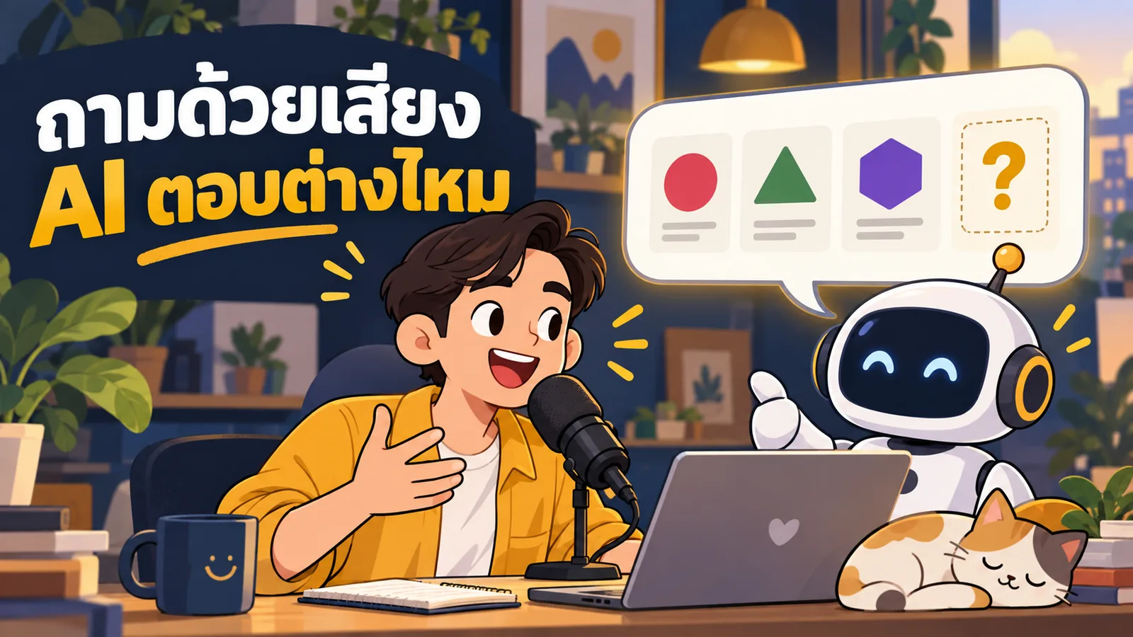 ภาพการ์ตูนประกอบบทความ Voice Search กับ AI Search: ถามด้วยเสียง AI ตอบต่างไหม