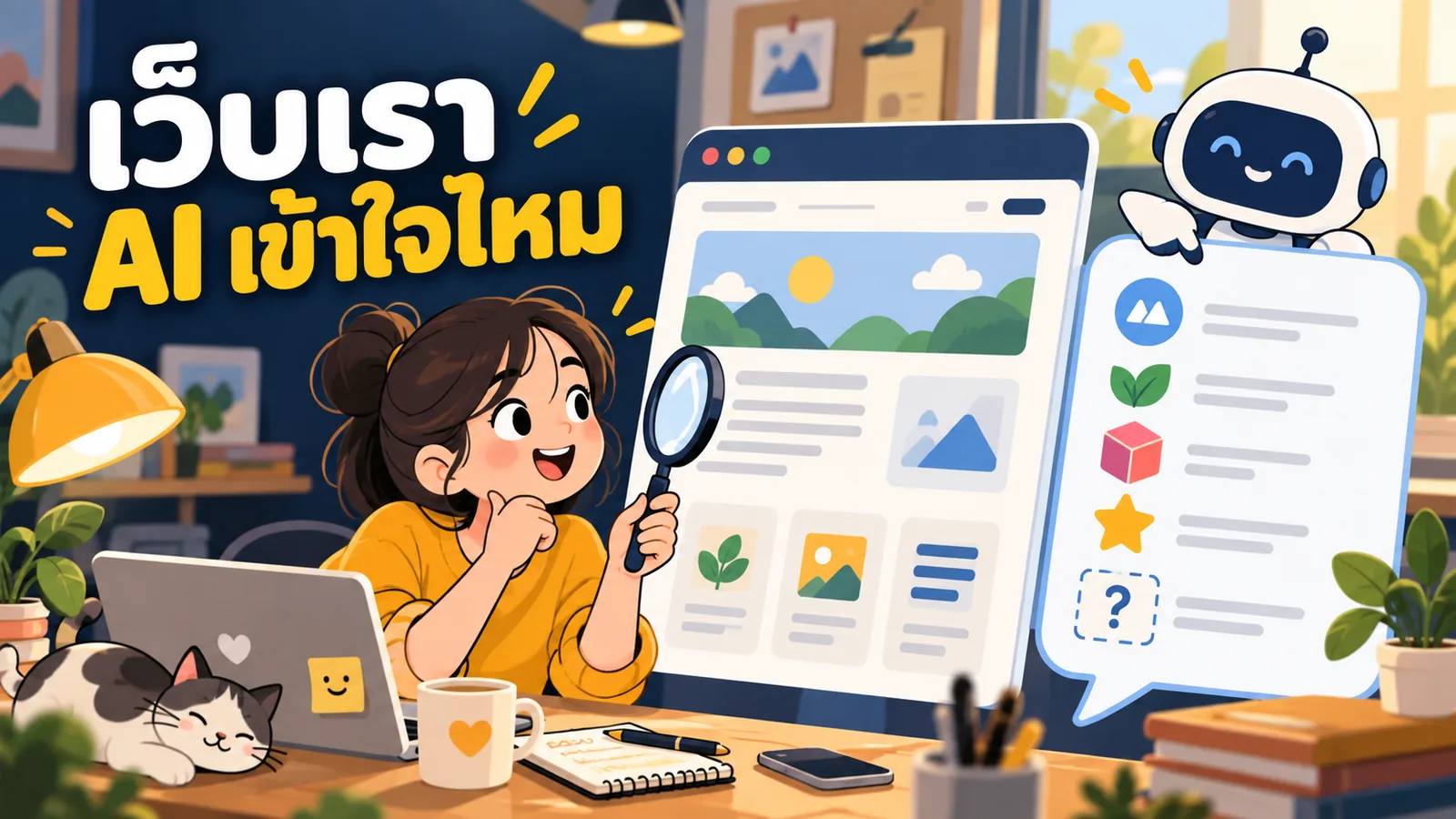 ภาพการ์ตูนประกอบบทความ โครงสร้างเว็บไซต์ AI Search: เว็บเรา AI เข้าใจไหม