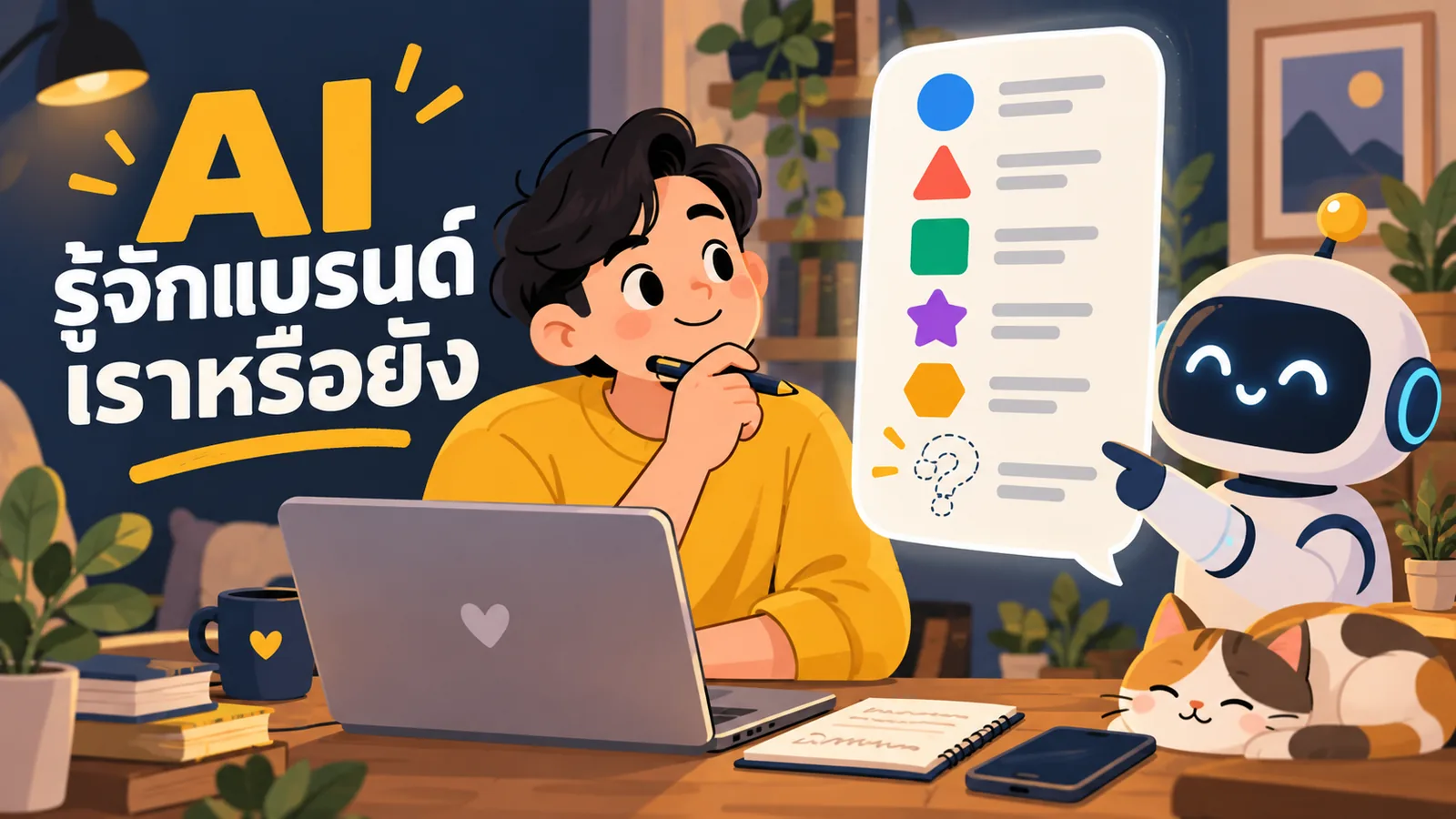 ภาพการ์ตูนประกอบบทความ AEO คืออะไร: AI รู้จักแบรนด์เราหรือยัง