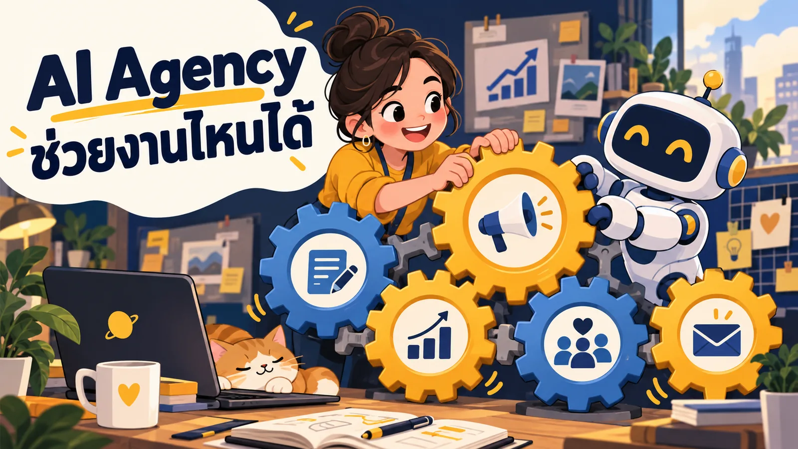 ภาพการ์ตูนประกอบบทความ AI Agency คืออะไร: AI Agency ช่วยงานไหนได้