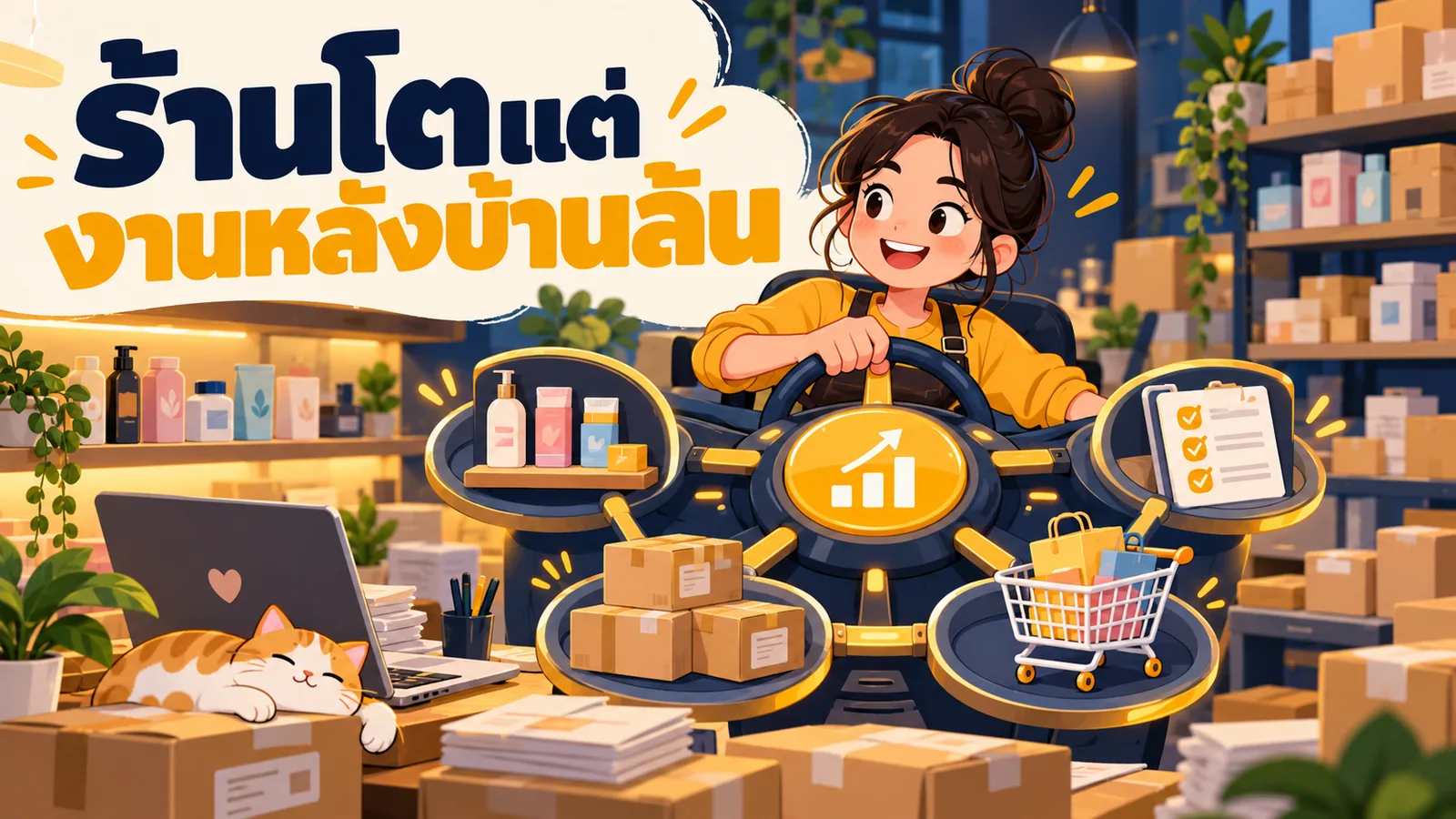 ภาพการ์ตูนประกอบบทความ E-Commerce Management คืออะไร: ร้านโตแต่งานหลังบ้านล้น