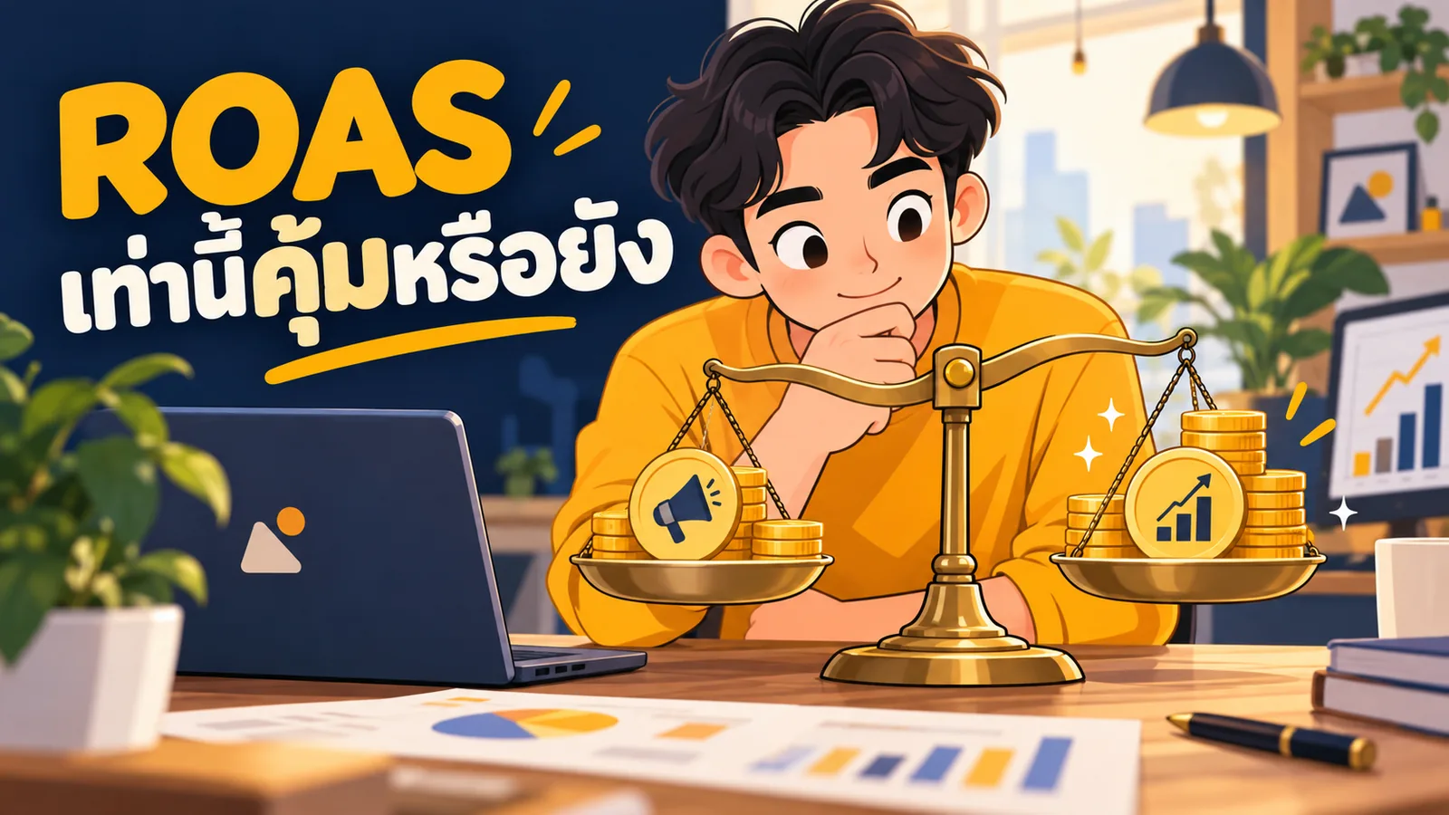 ภาพการ์ตูนประกอบบทความ ROAS คืออะไร: ROAS เท่านี้คุ้มหรือยัง